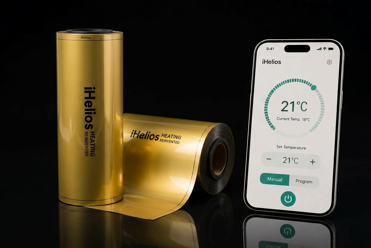 iHelios far-infrared heating film roll beside a smartphone running the iHelios thermostat app at 21°C